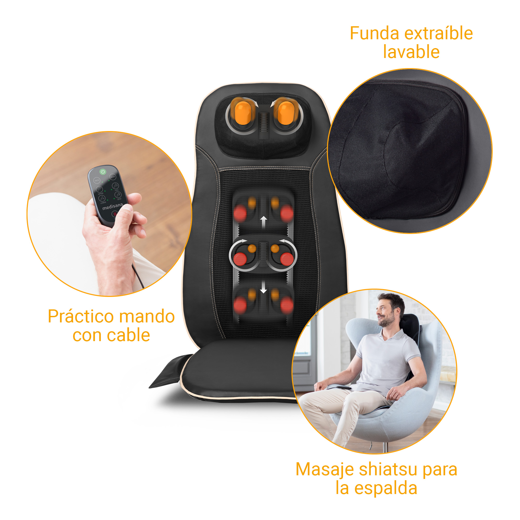 Cojín de masaje negro con mando y hombre en sillón.