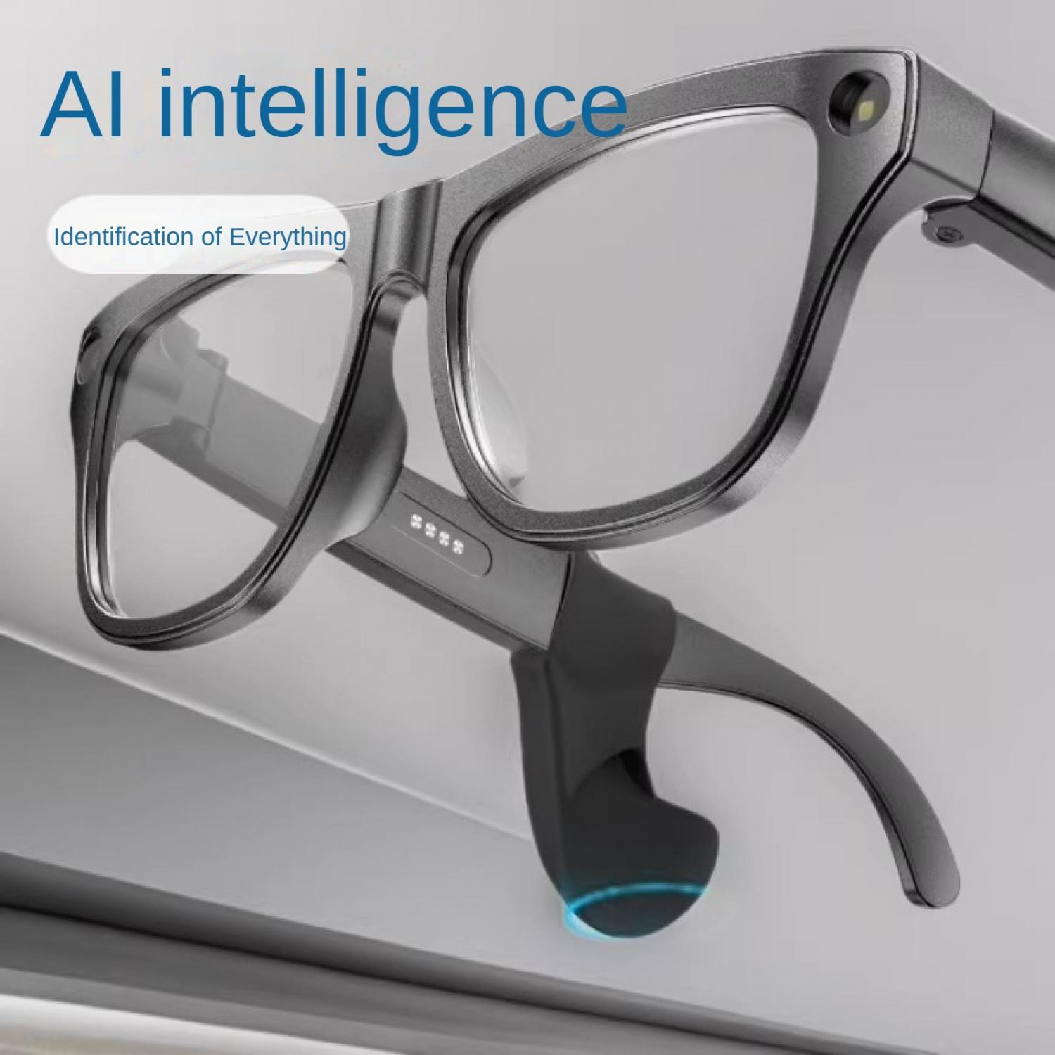 Graue intelligente Brille mit blauem Lichtakzent am Bügel und Text.