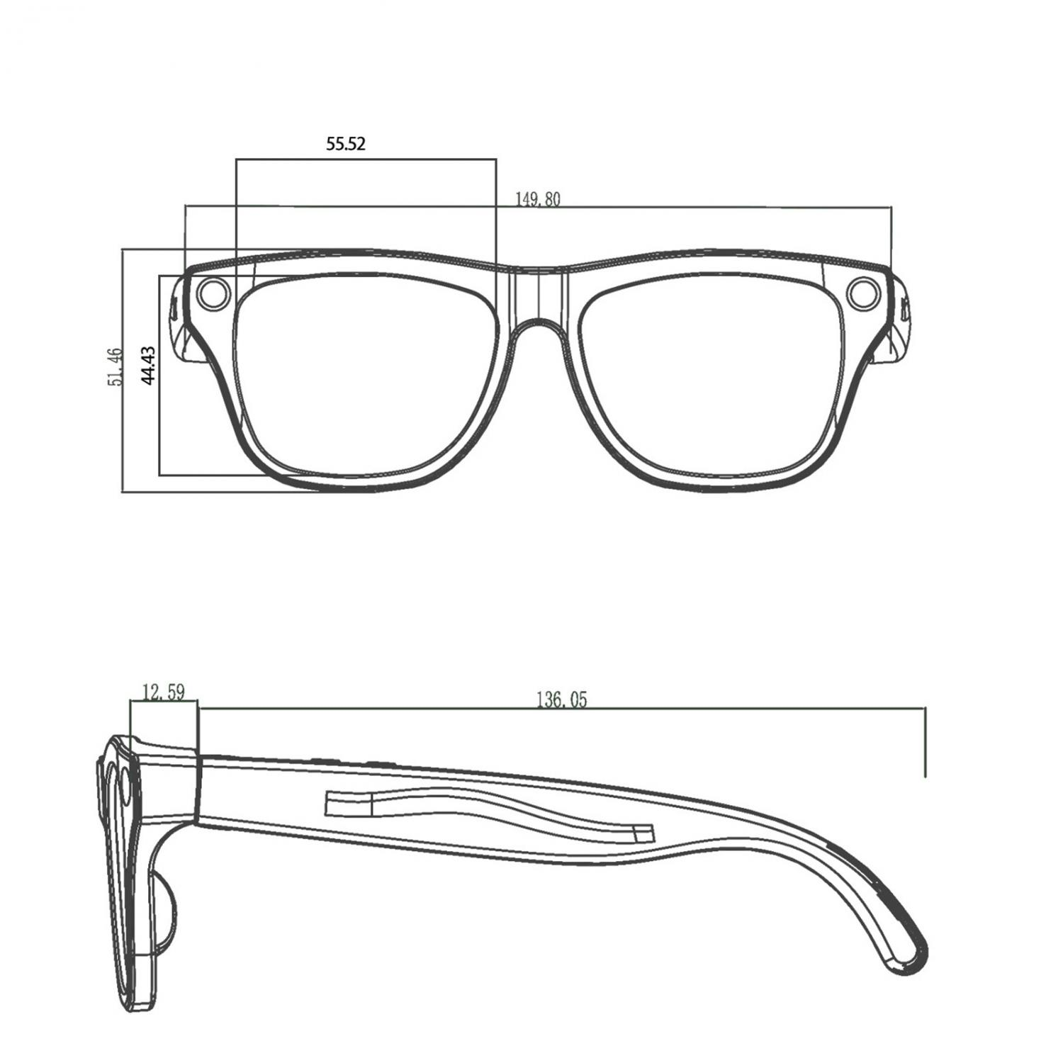 Technische Zeichnung einer Brille mit Maßen.