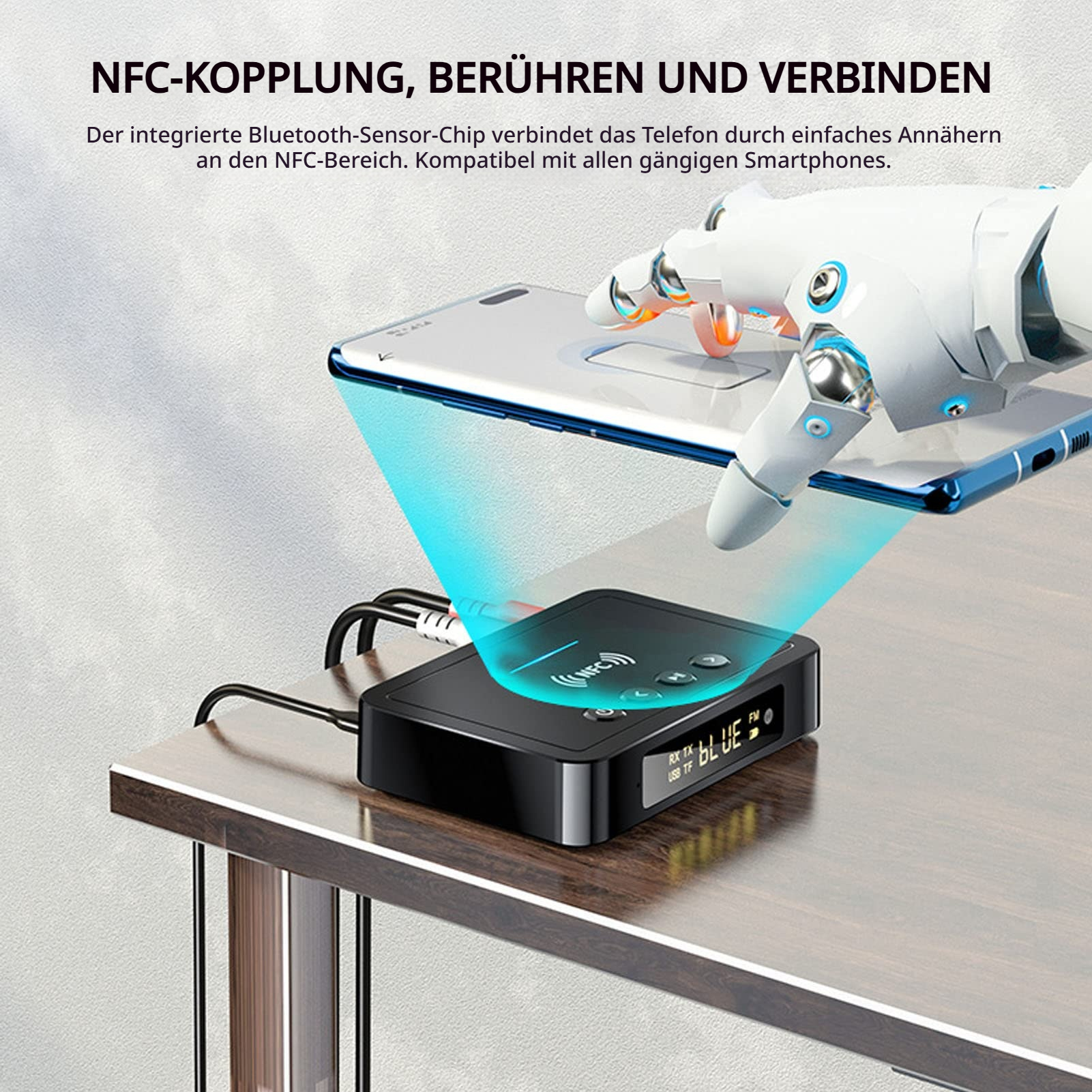 Ein Roboterarm nähert sich einem Smartphone, das über einem NFC-Gerät liegt.
