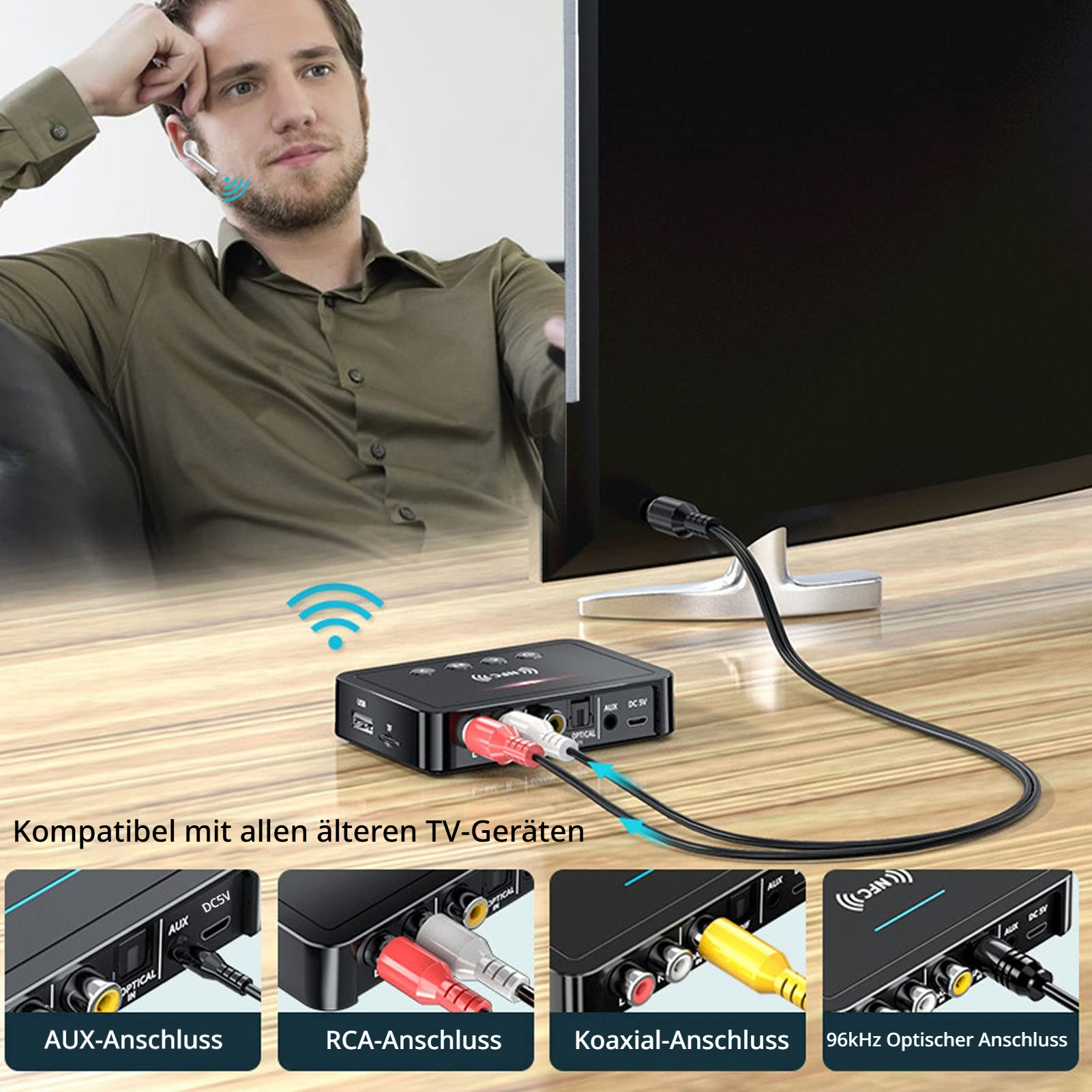 Mann hört Musik über Kopfhörer, daneben ein Audiogerät mit Kabeln.