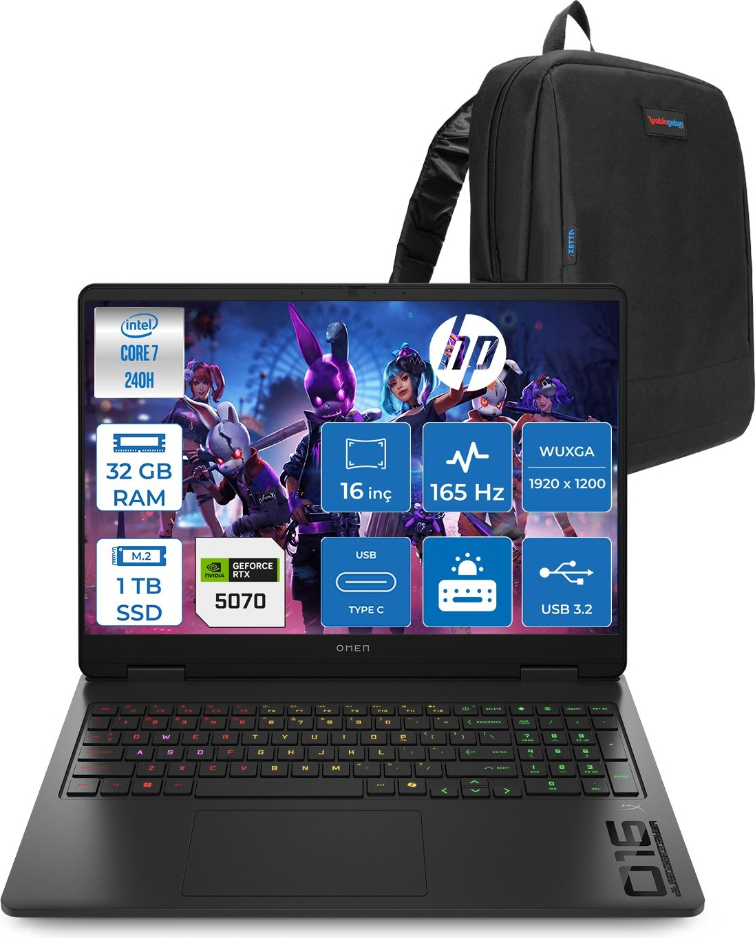 Intel Core i7, 32GB RAM, 1TB SSD, RTX 5070 ve sırt çantalı HP Omen dizüstü bilgisayar.