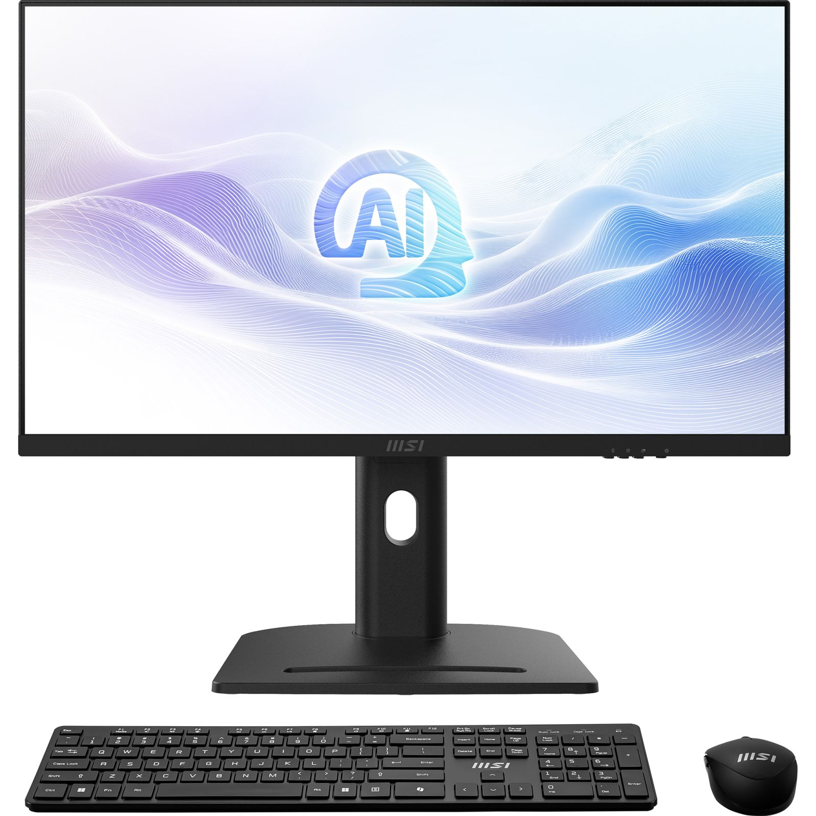 Un computer MSI nero con tastiera e mouse. Il monitor mostra una grafica IA.