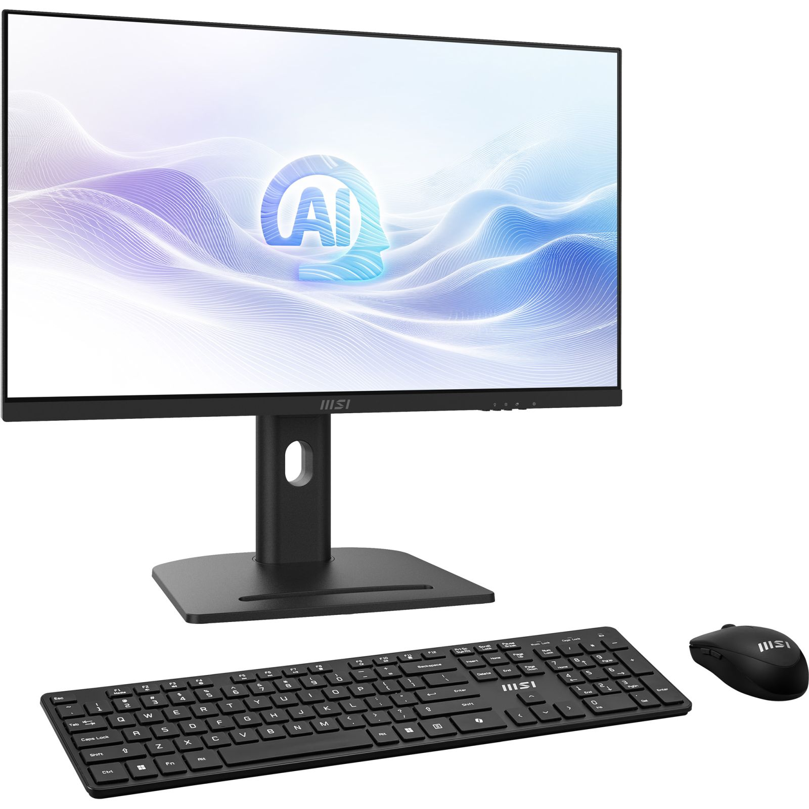 Un monitor MSI nero con icona AI e tastiera e mouse.