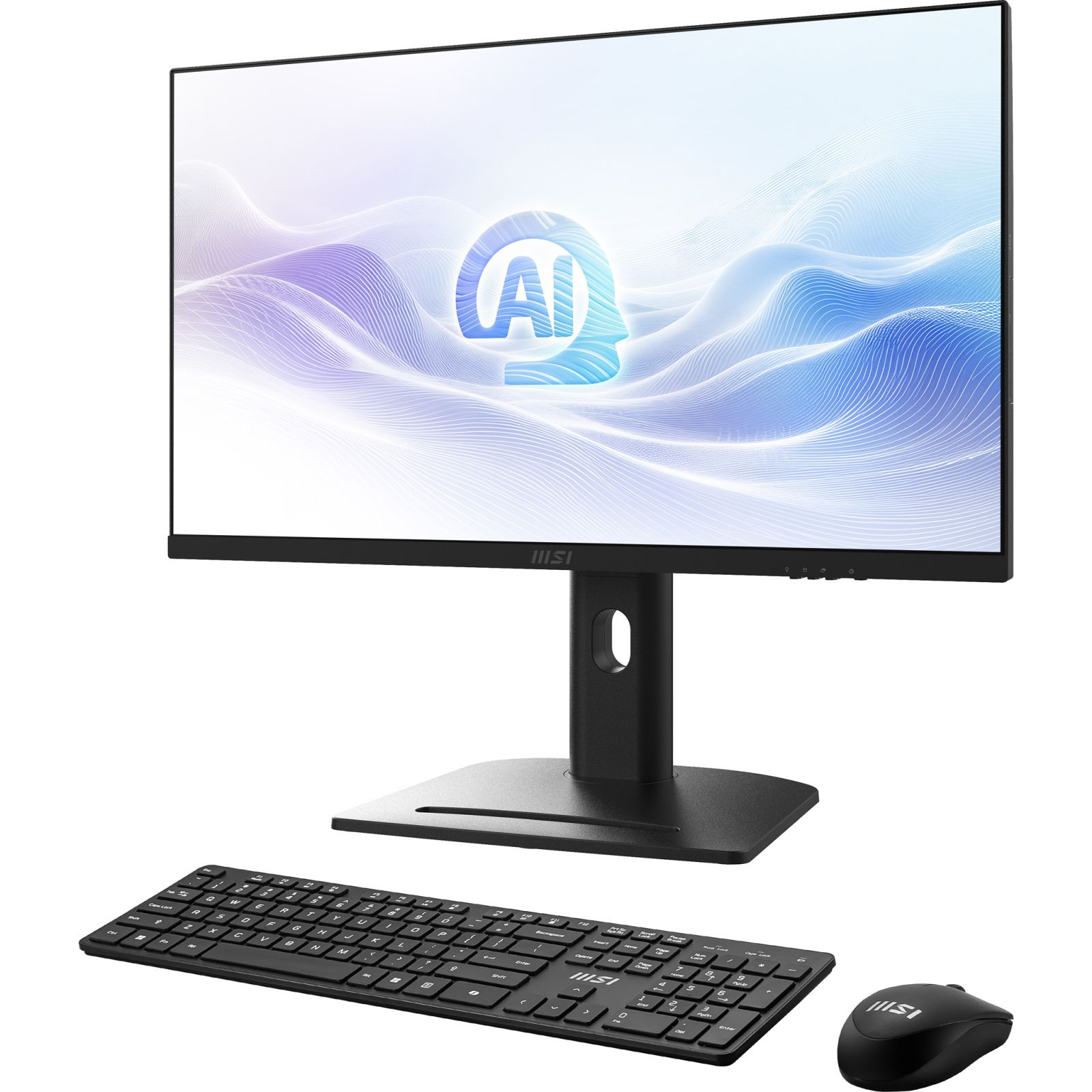 Un monitor nero con icona AI, tastiera e mouse su sfondo bianco.