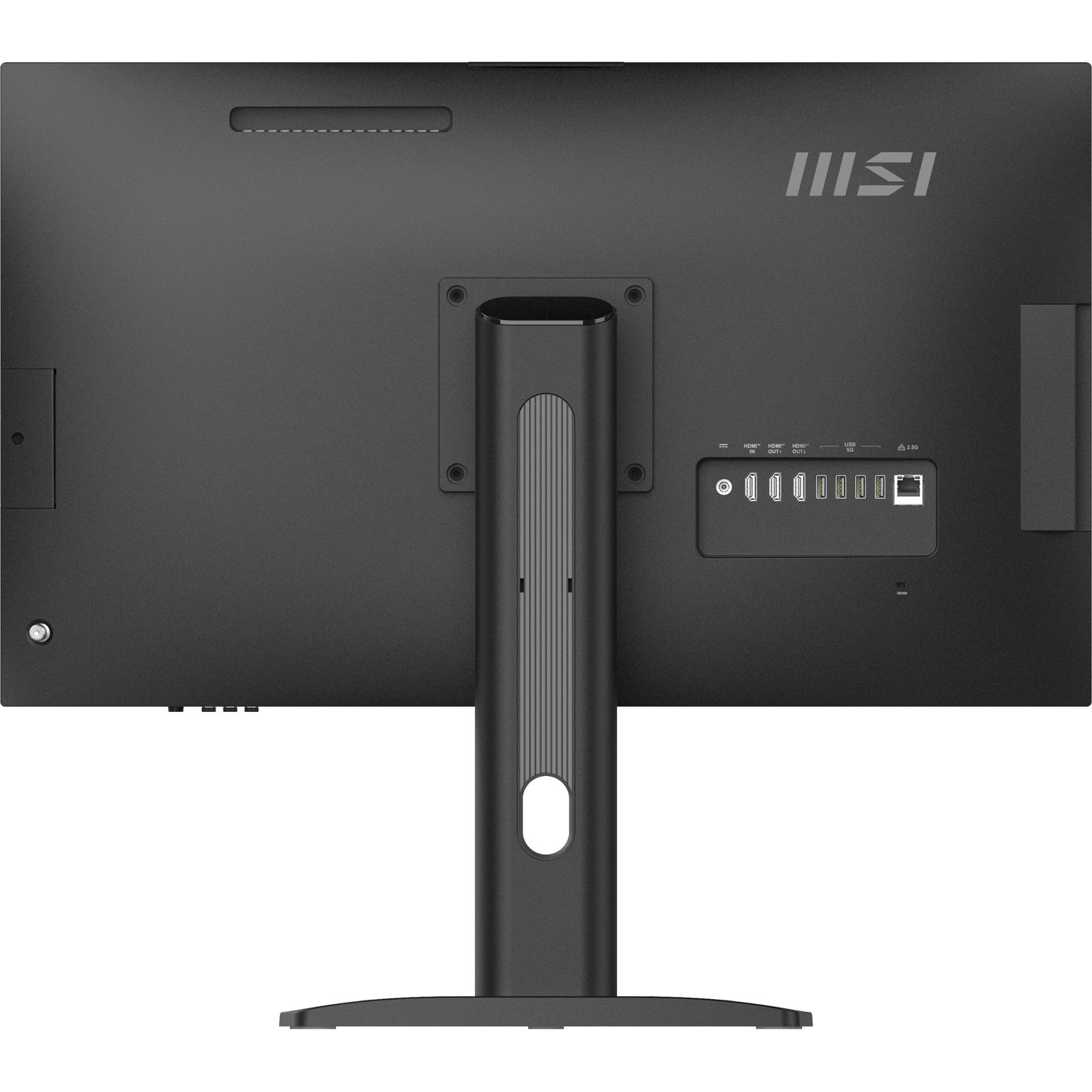 Retro di un computer all-in-one MSI nero con porte e supporto.