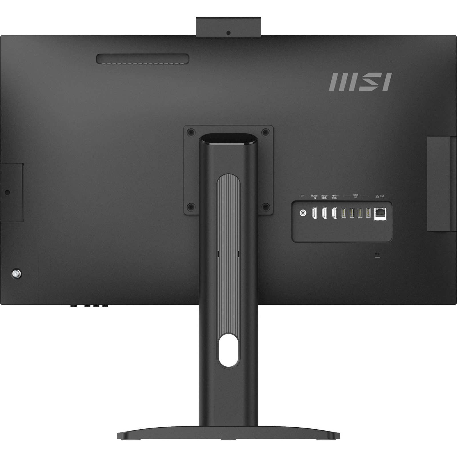 Il retro di un PC all-in-one nero, con porte e logo MSI.