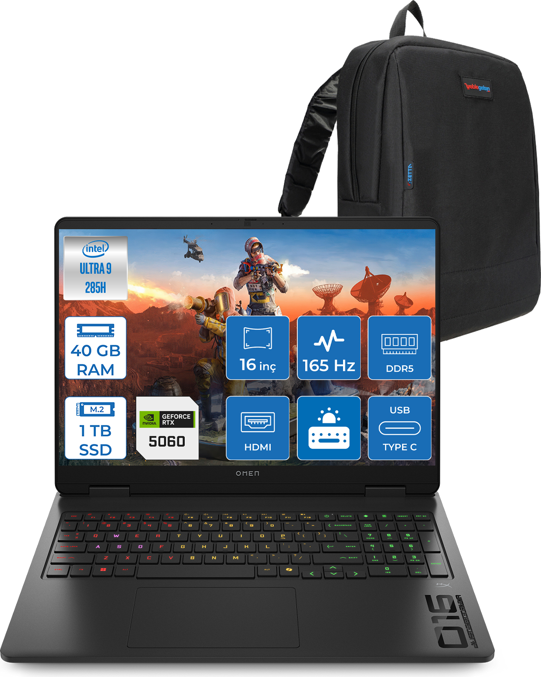 Intel Ultra 9, 40 GB RAM, 1 TB SSD'li siyah oyuncu dizüstü bilgisayarı ve siyah sırt çantası.