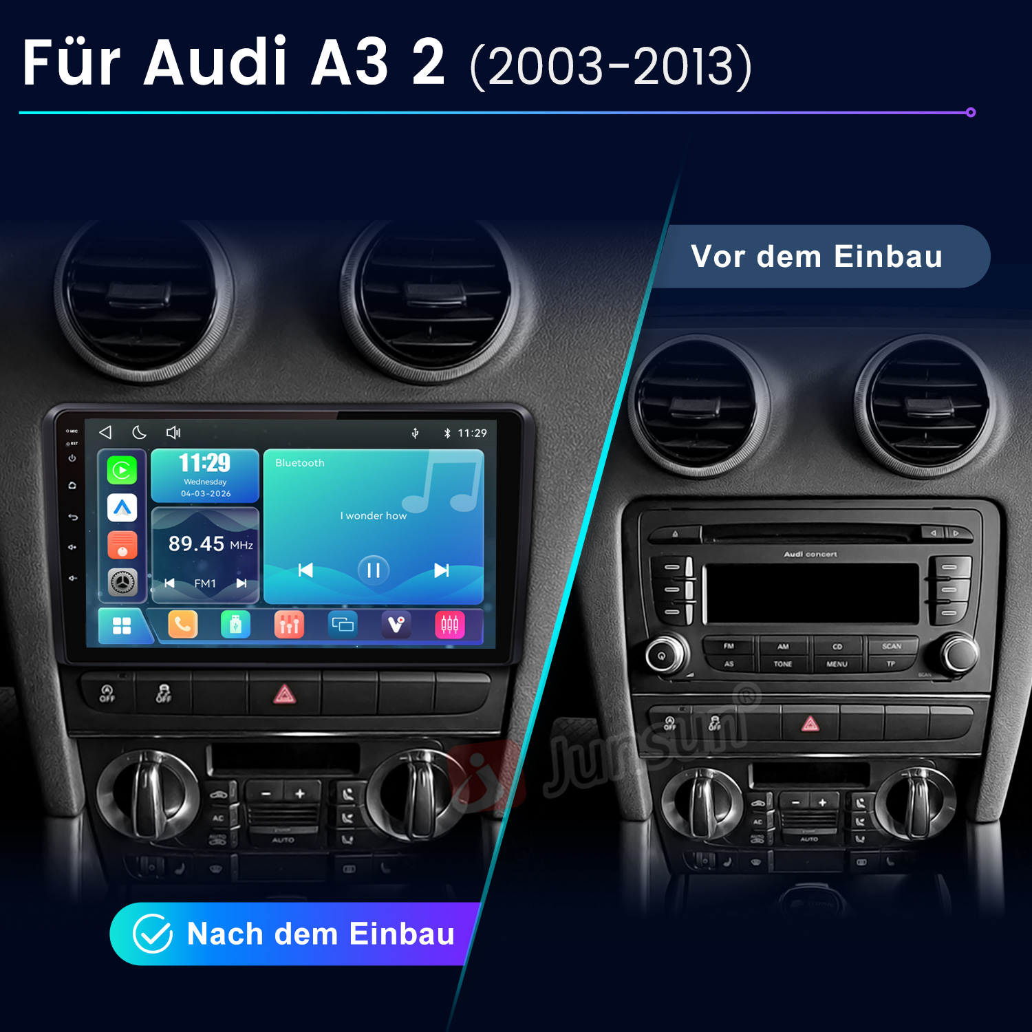 Vorher/Nachher Vergleich eines Audi A3 Autoradios mit Touchscreen.