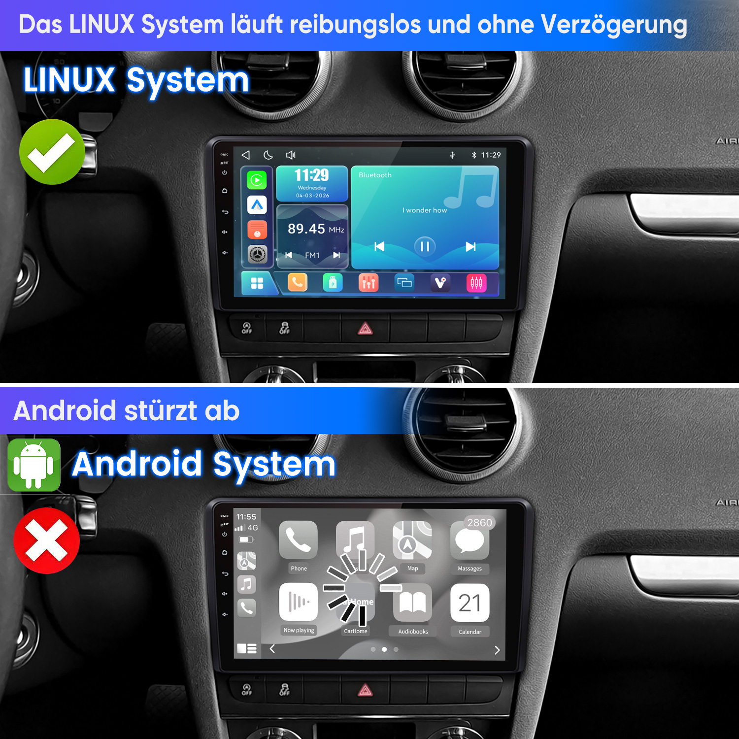 Oben: LINUX System läuft. Unten: Android System stürzt ab.