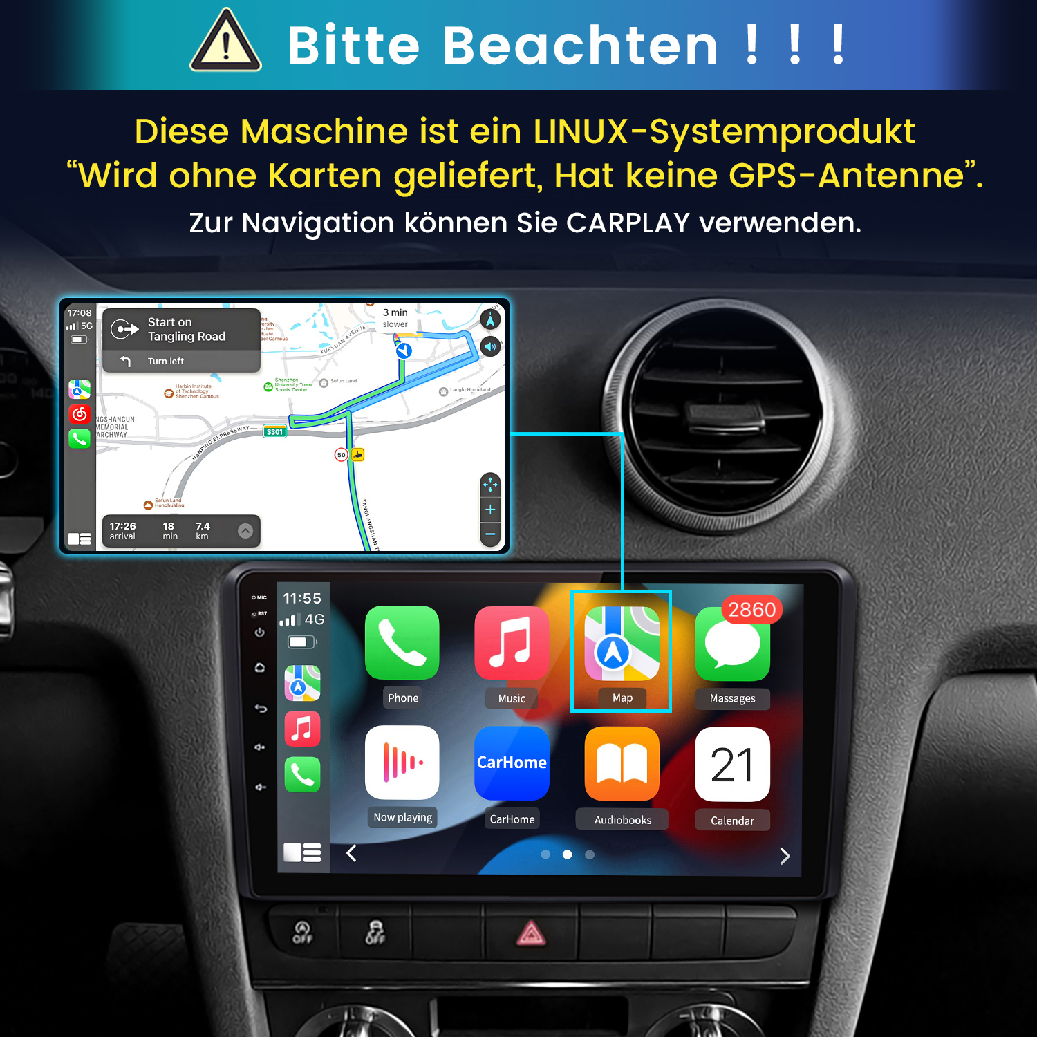 Armaturenbrett mit Infotainmentsystem, das Navigation und Apps anzeigt.