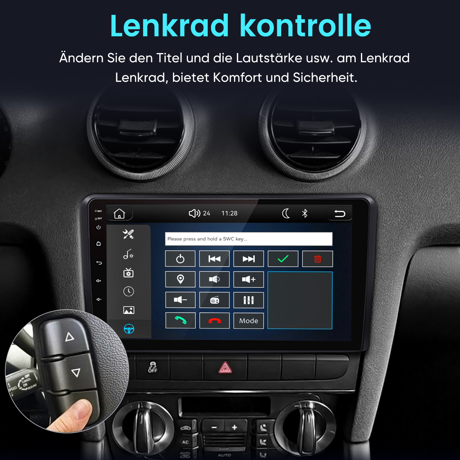 Ein Finger drückt auf Lenkradknöpfe neben dem Infotainment-Bildschirm.