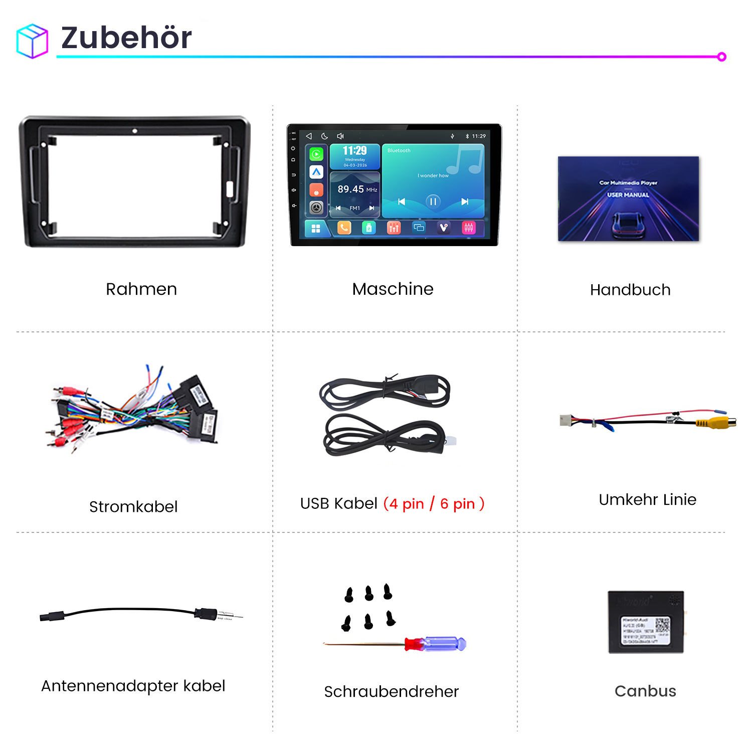 Zubehör: Rahmen, Maschine, Handbuch, Kabel, Schraubendreher, Canbus.