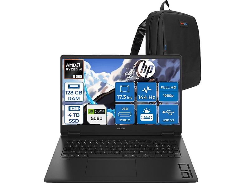 HP Omen 17-DB1022NT RTX5060 8 GB 7 ms CD5N2EAF52 AMD Ryzen 9 365 128 GB RAM 4 TB SSD 17,3 inç FreeDOS Laptop+Çanta Siyah