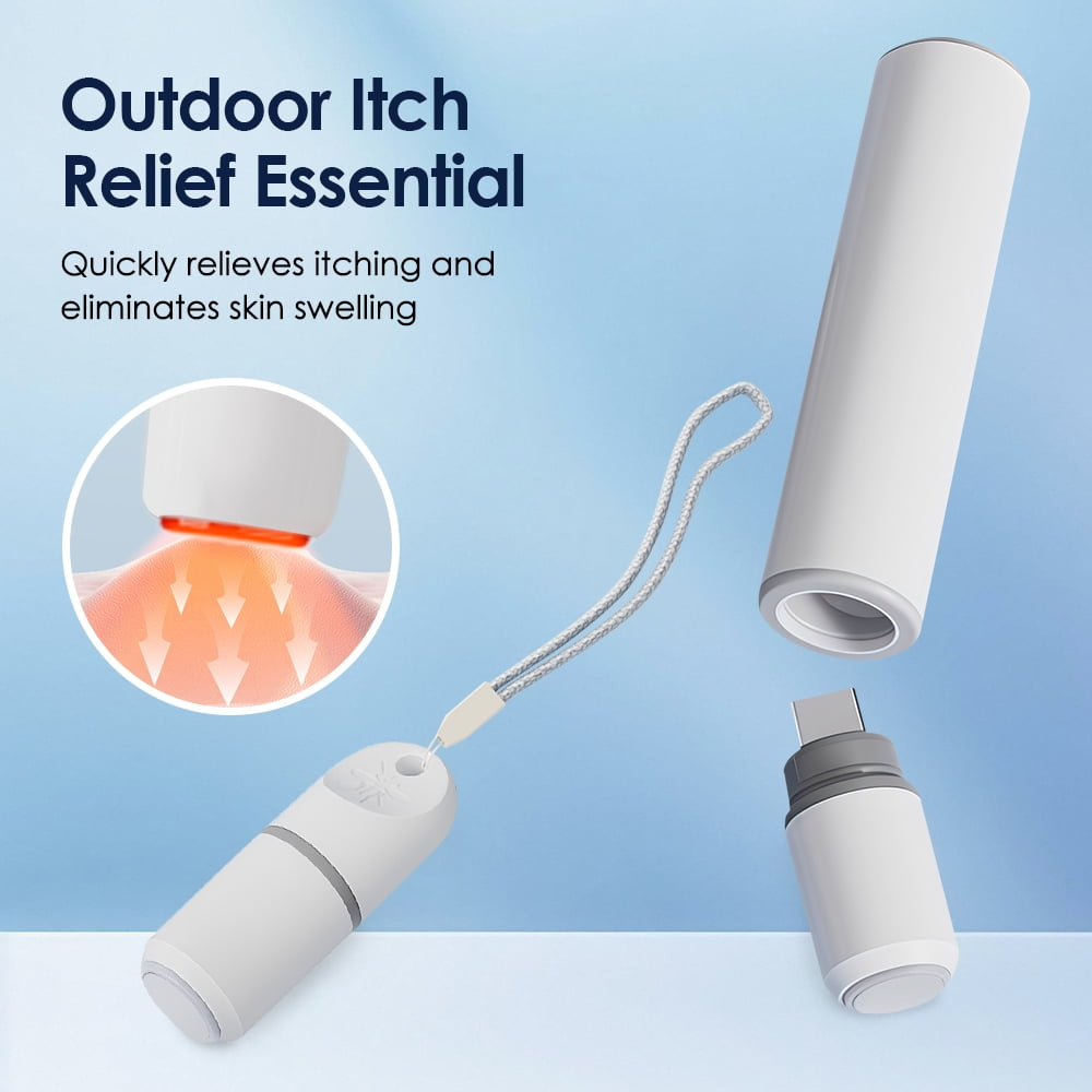 Ein weißes Gerät zur Linderung von Insektenstichen mit einem USB-C-Anschluss, das auf Haut gezeigt wird.