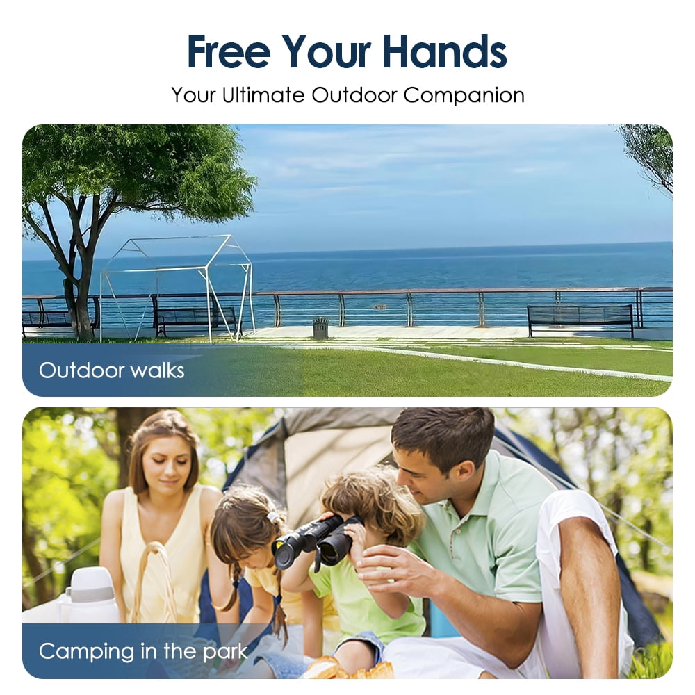 Oben: Seepromenade mit Bänken und Zeltgestell. Unten: Familie beim Camping, Kind benutzt Fernglas.