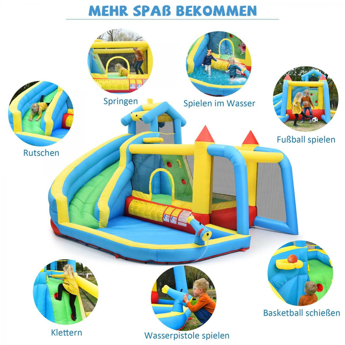 Buntes aufblasbares Spielhaus mit Rutschen, Kletterwand, Wasserpistole und Fußballtor.
