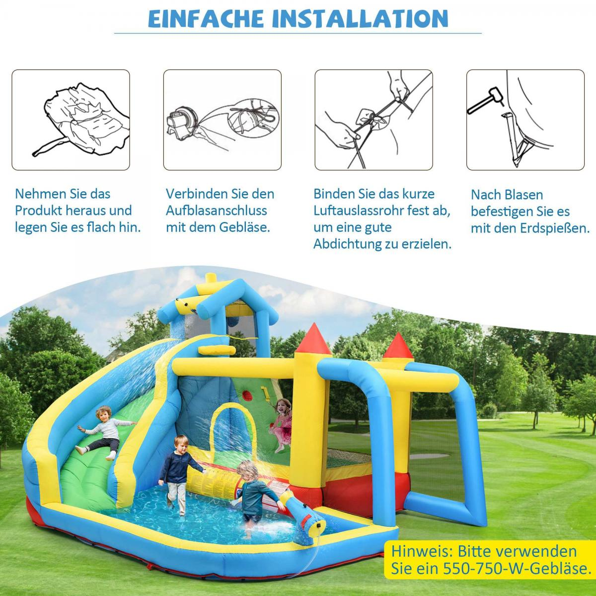 Aufblasbare Burg mit Rutsche und Pool, Kinder spielen darauf.