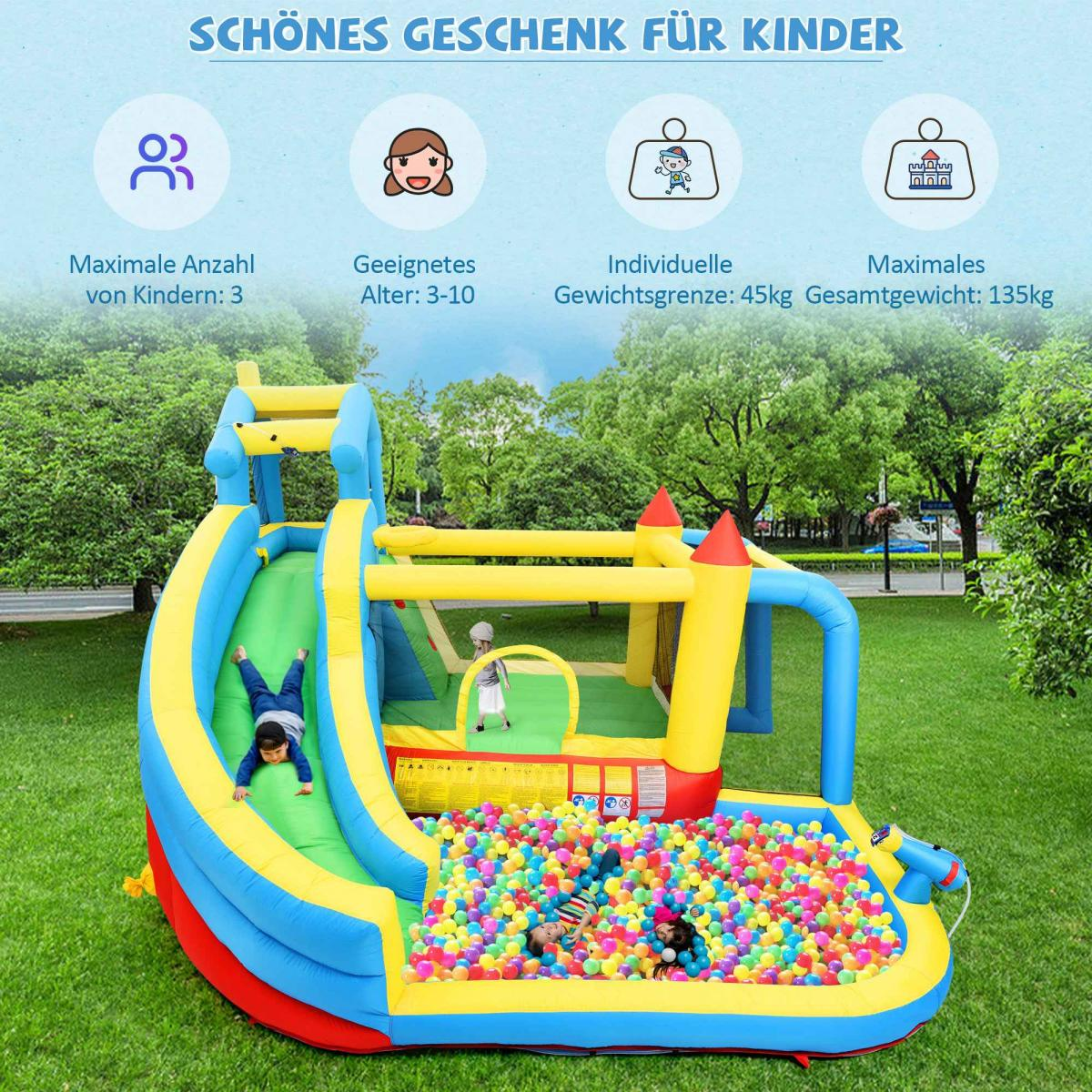Aufblasbare Burg mit Rutsche und Bällebad, Kinder spielen.
