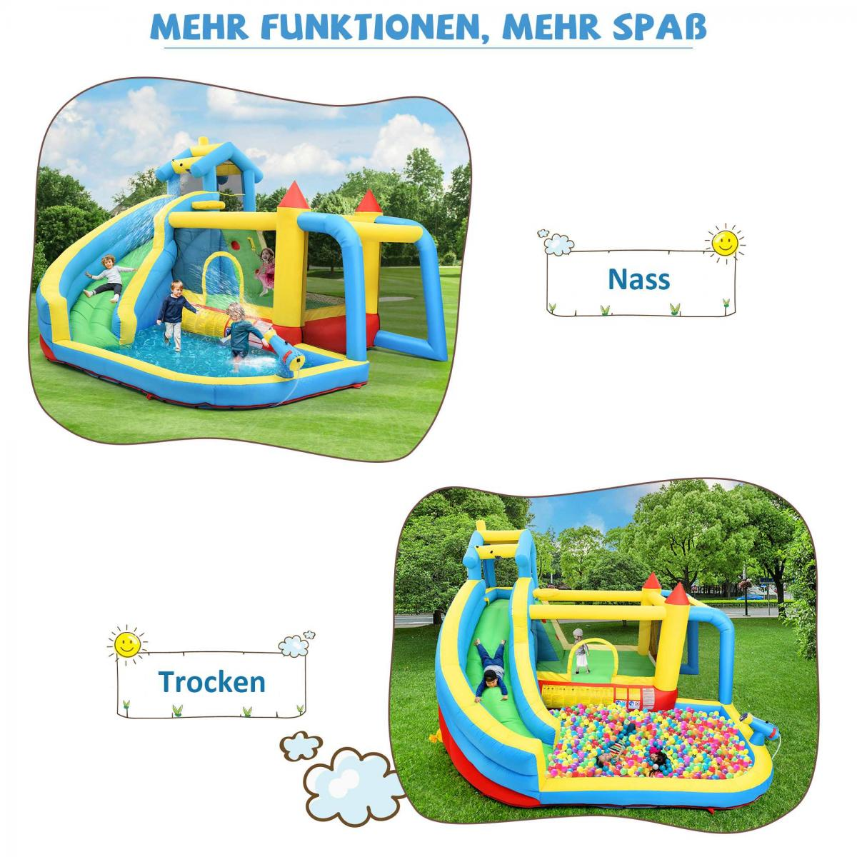 Aufblasbare Wasserrutsche mit Pool und Ballgrube, Kinder spielen.