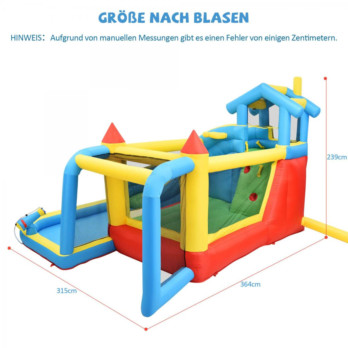 Ein aufblasbares Spielhaus mit Rutsche in Blau, Rot und Gelb. Maße sind angezeigt.