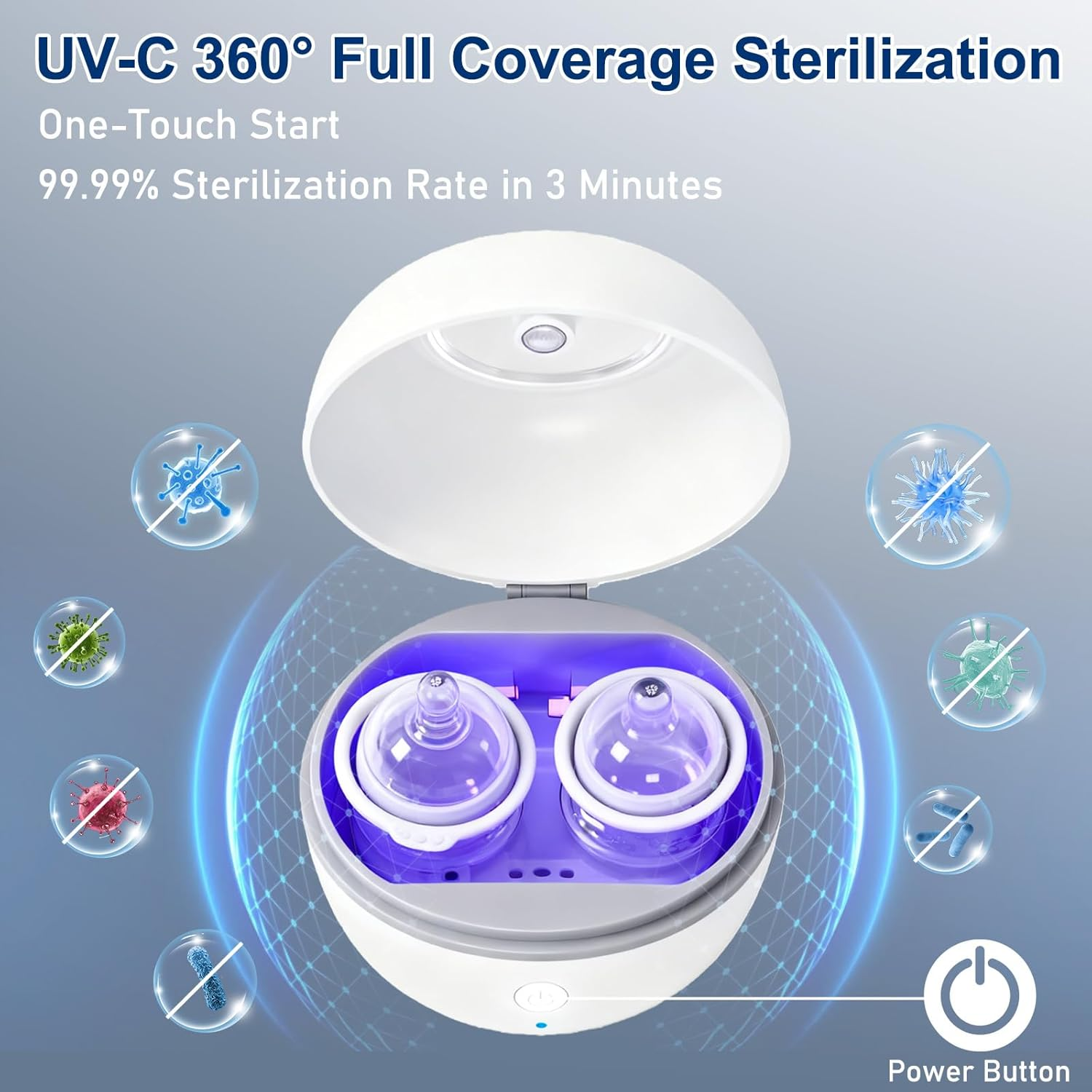Sterilisator mit 2 Flaschenhälsen, UV-C-Licht, Symbole für Viren und Bakterien.
