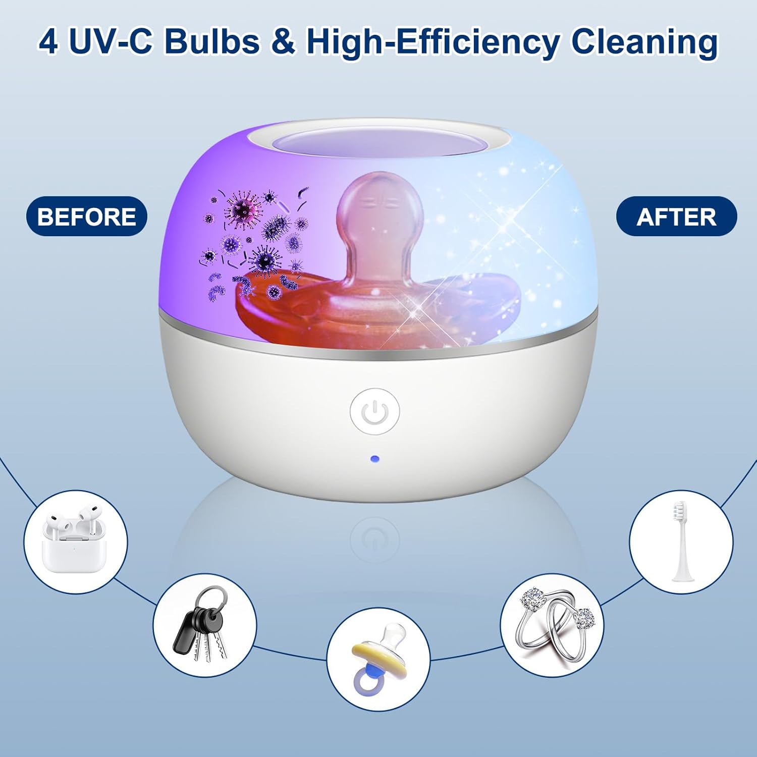 Ein UV-C-Reiniger mit einem Schnuller vor und nach der Reinigung, daneben Airpods, Schlüssel, Ringe und Zahnbürste.