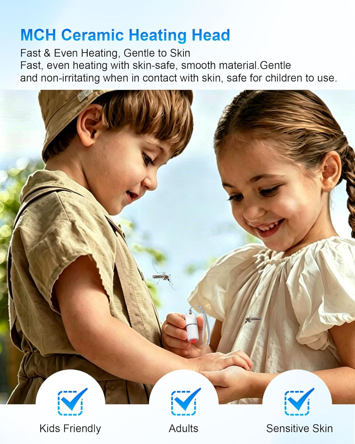 Zwei Kinder halten ein Gerät, Mücken fliegen.