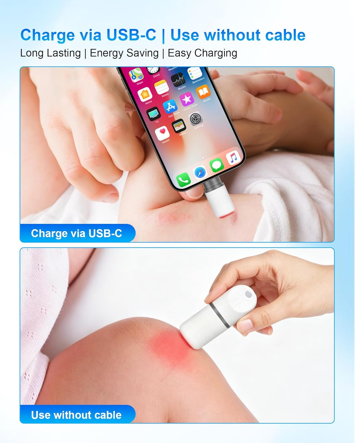 Ein Handy wird über USB-C geladen und ein Gerät am Knie verwendet.