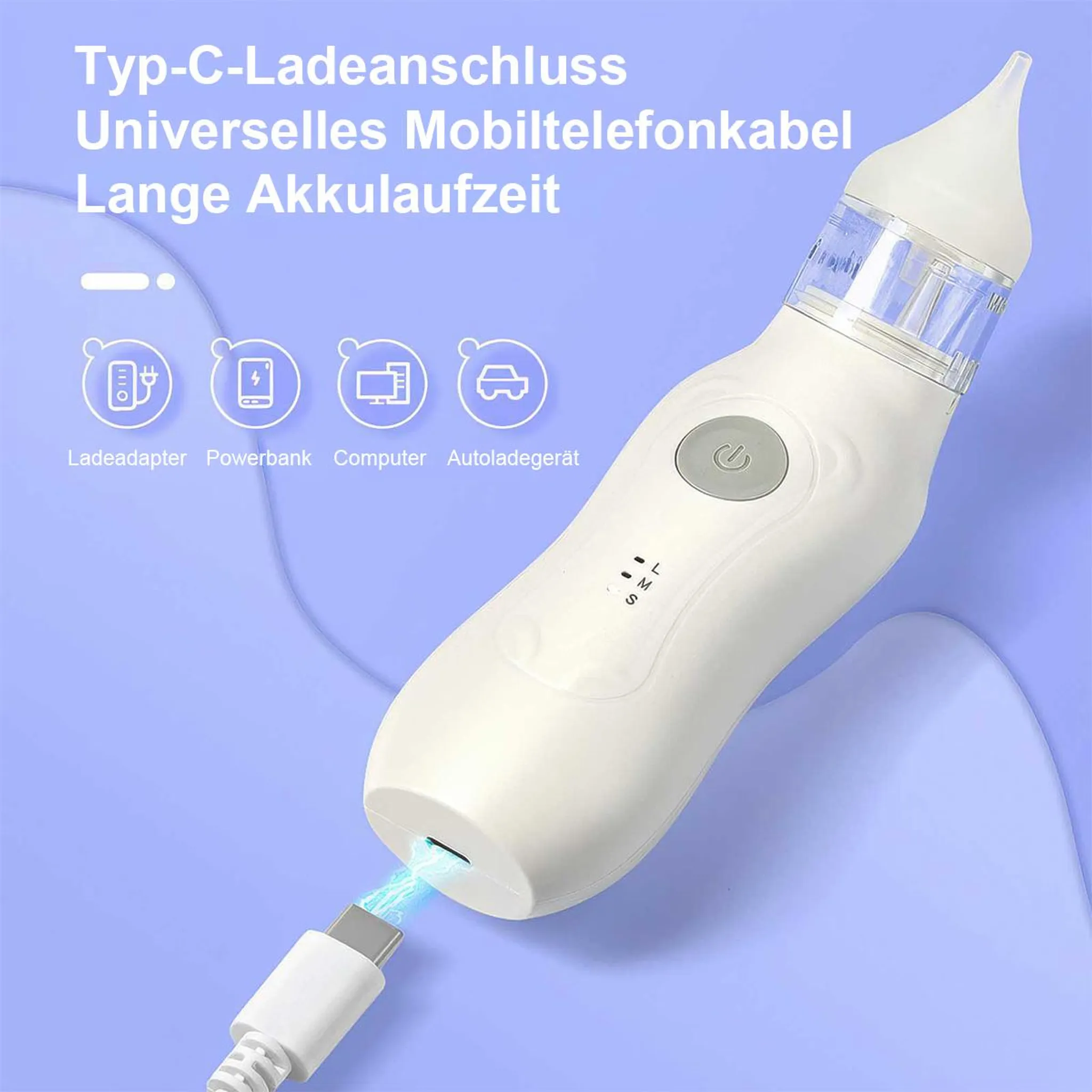 Ein weißes Gerät wird mit einem Typ-C-Kabel geladen. Symbole zeigen Ladeoptionen.
