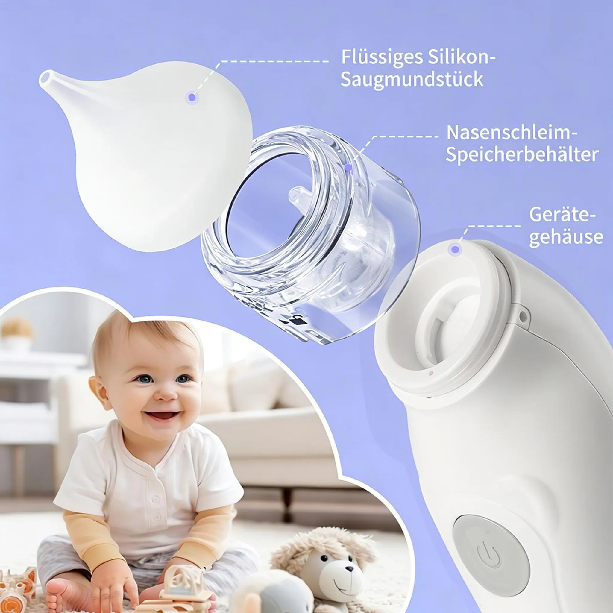 Ein Baby sitzt auf einem Teppich neben einem Nasensauger-Detail.