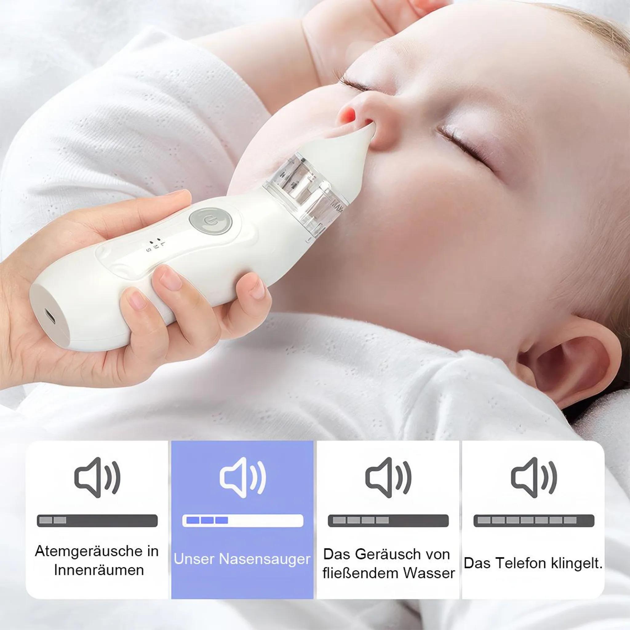 Ein Nasensauger wird bei einem Baby angewendet, mit Lautstärken-Indikatoren.