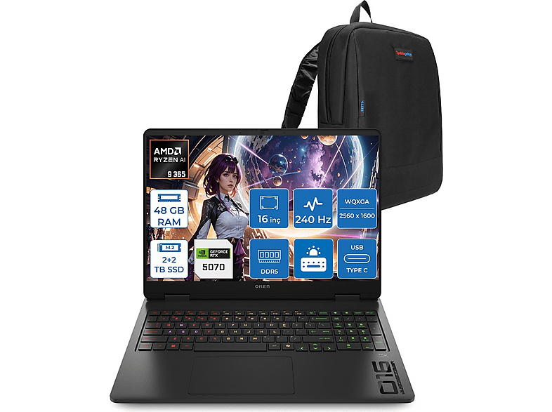 HP Omen AI RTX5070 8 GB 240 Hz 3 ms 500NITS C52QZEAF22 AMD Ryzen 9 365 48 GB RAM 2 TB SSD 16 inç FreeDOS Laptop+Çanta Siyah