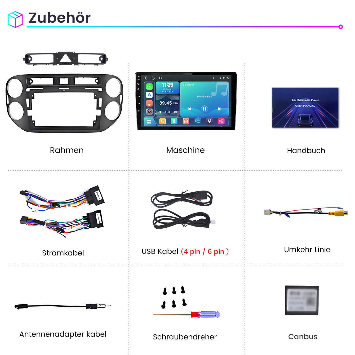 Zubehör: Rahmen, Maschine, Handbuch, Kabel, Schraubendreher und Canbus.