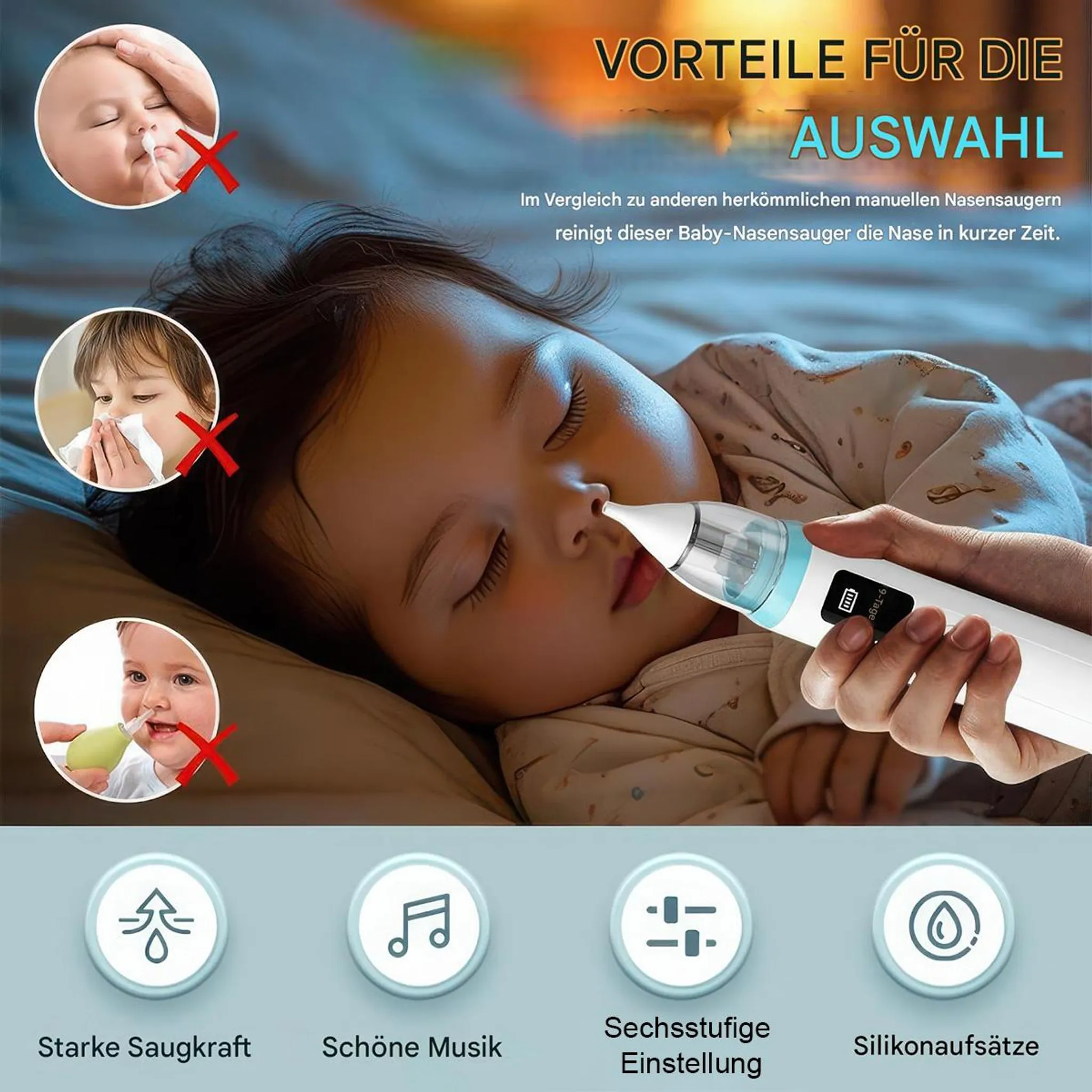 Ein Baby schläft, während ein Nasensauger benutzt wird. Icons zeigen Funktionen.