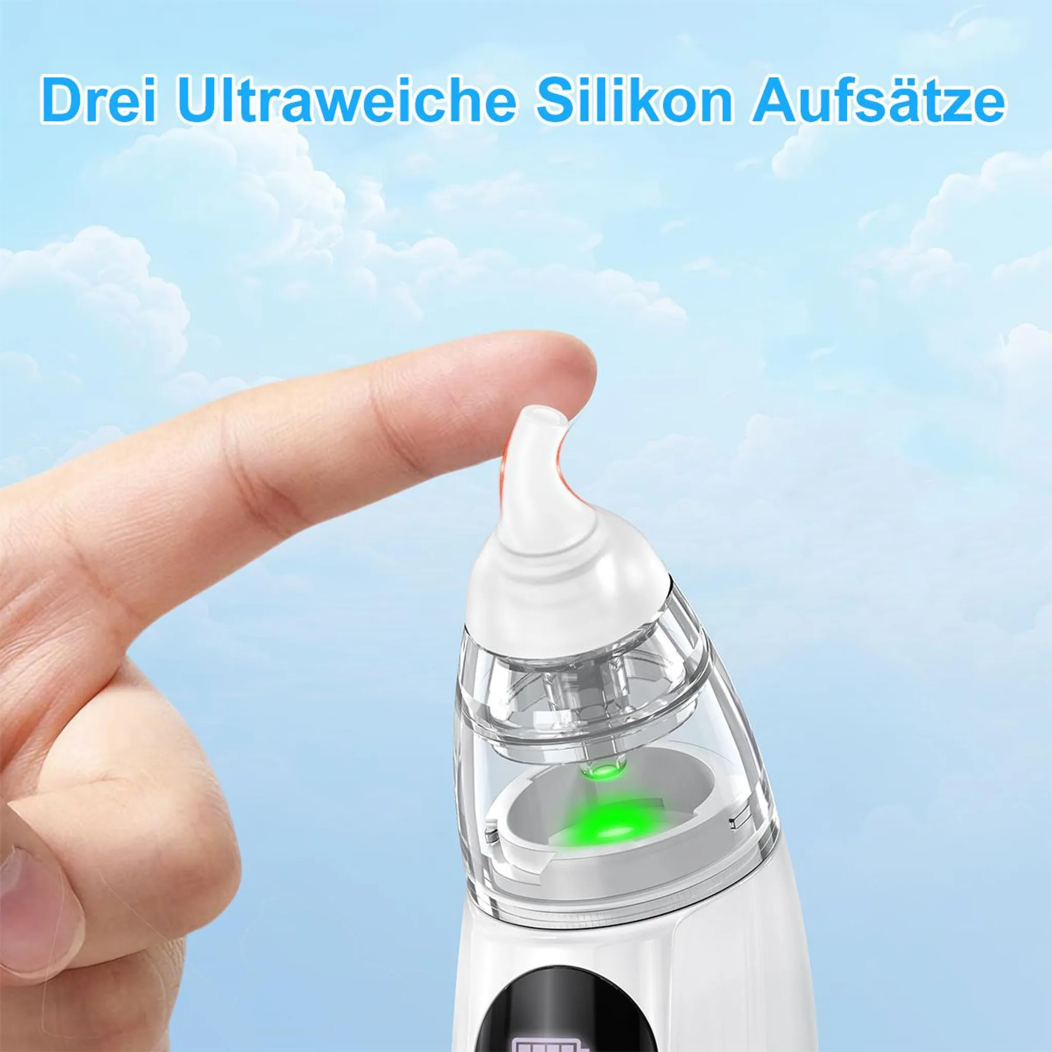 Ein Finger hält ein Nasensauger-Gerät mit grünem Licht.