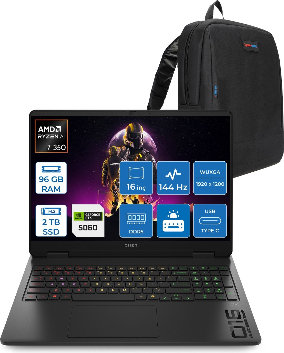 AMD Ryzen AI 7 350 CPU, 96 GB RAM, 2 TB SSD, RTX 5060 ve siyah sırt çantalı siyah dizüstü bilgisayar.