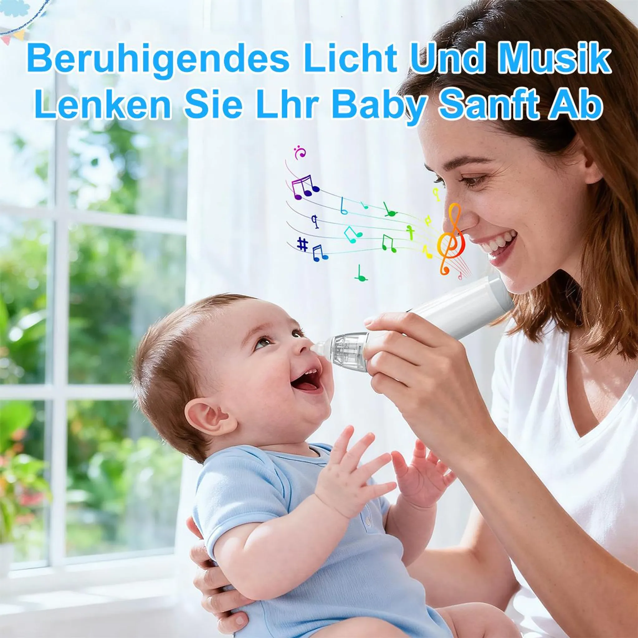 Eine Frau hält ein Baby und benutzt ein Nasensauger-Gerät, bunte Noten fliegen.