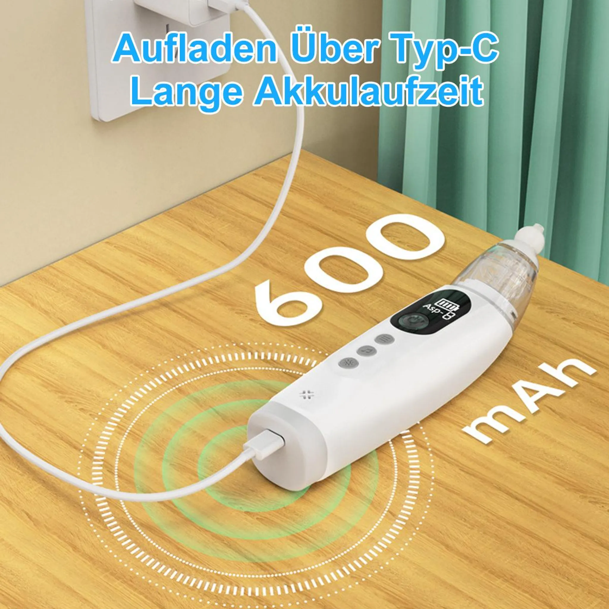 Ein weißes Nasensauggerät wird über USB-C aufgeladen. "600 mAh" steht daneben.