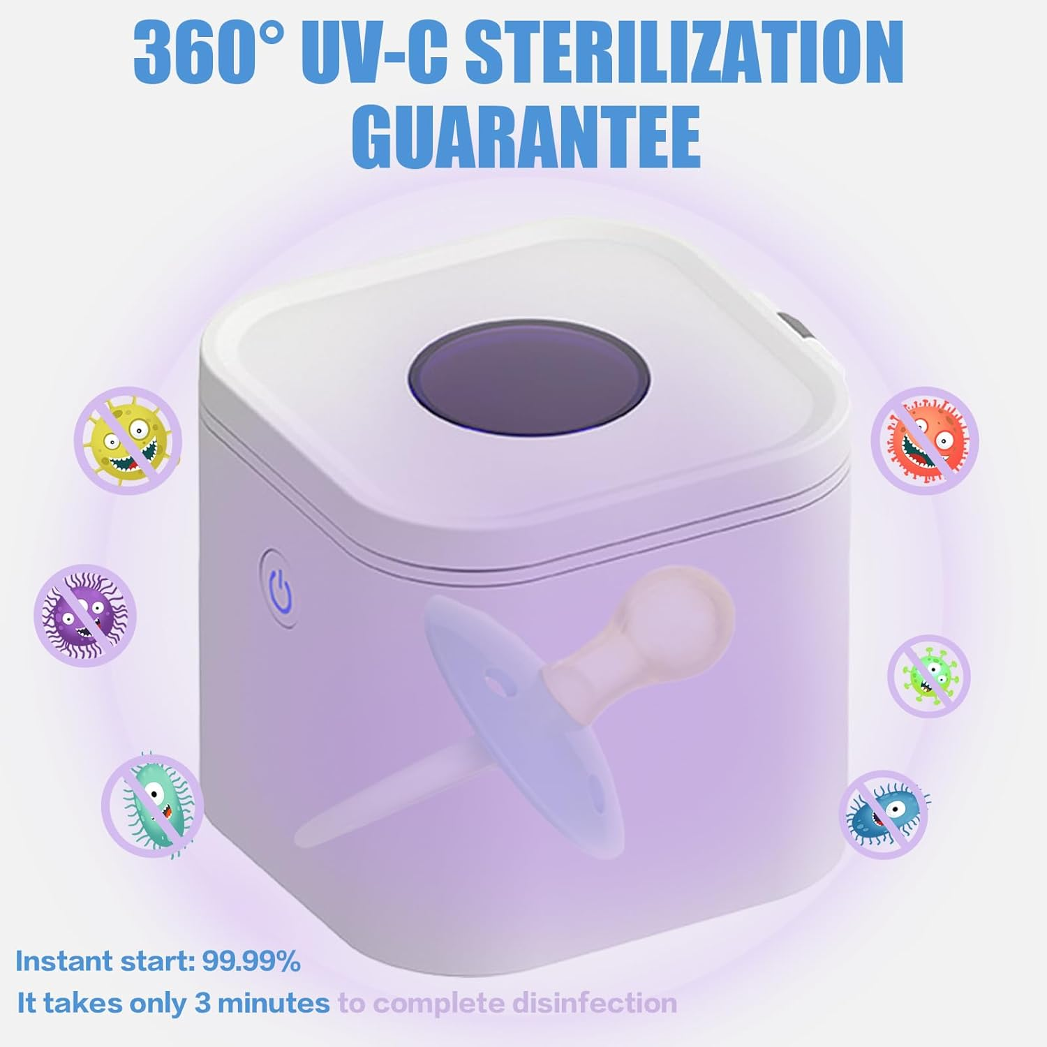 UV-C Sterilisator mit Schnuller, umgeben von Bakterien-Symbolen.