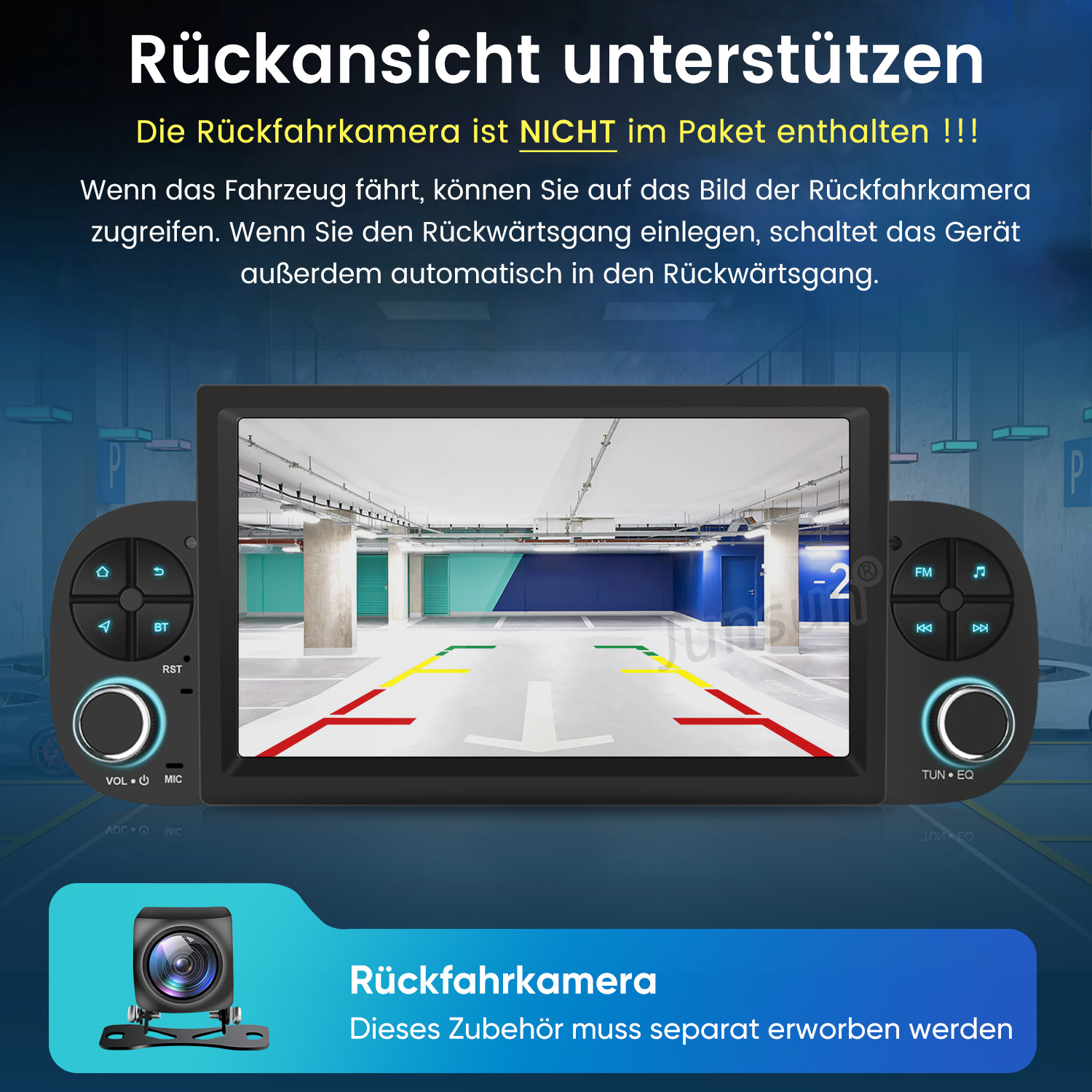 Ein Autoradio-Display zeigt eine Parkplatzansicht mit Parklinien. Eine Rückfahrkamera ist abgebildet.