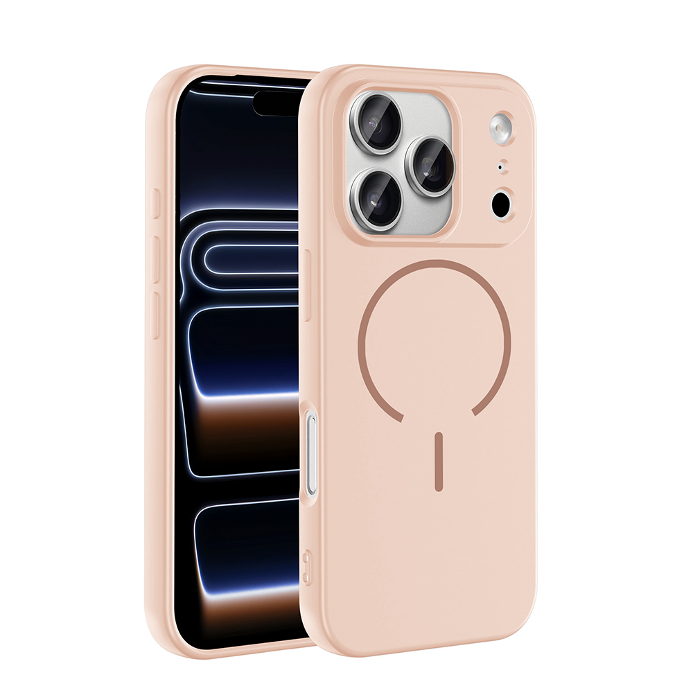 Üç kamera lensi ve dairesel sembollü pembe telefon kılıfı.