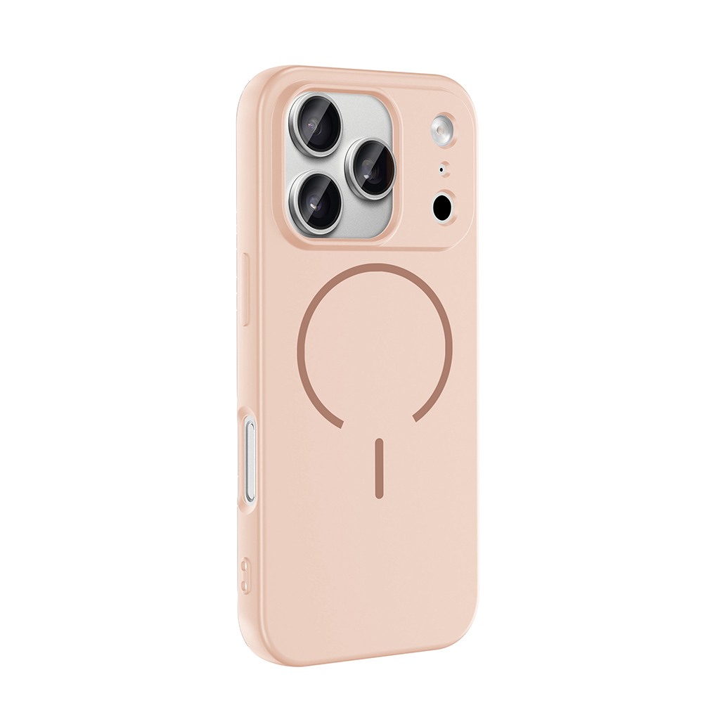 Arkada üçlü kamera kesimi ve manyetik halkası olan açık pembe bir iPhone kılıfı.