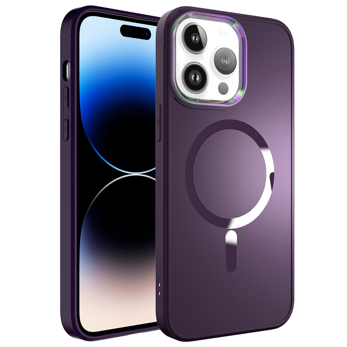 Manyetik halkalı mor telefon kılıfı ve telefon arkalığı.