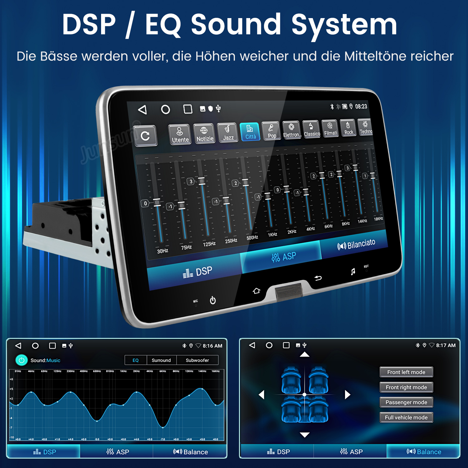 Ein Autoradio-Display mit EQ-Einstellungen, einer Frequenzkurve und Fahrzeugklangeinstellungen.