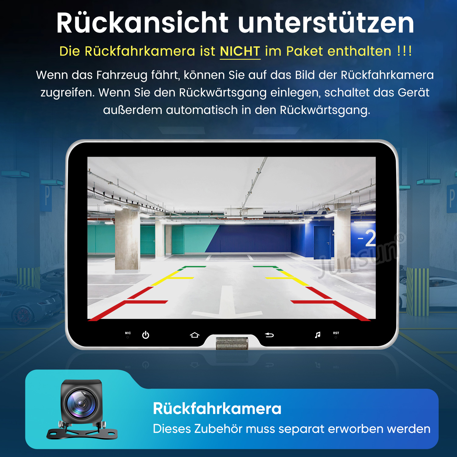Ein Rückfahrkamera-Display zeigt eine Parkgarage mit Hilfslinien.