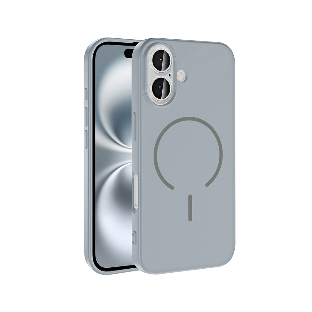 Mıknatıslı halka tasarımlı gri telefon kılıfı ve kameralar.