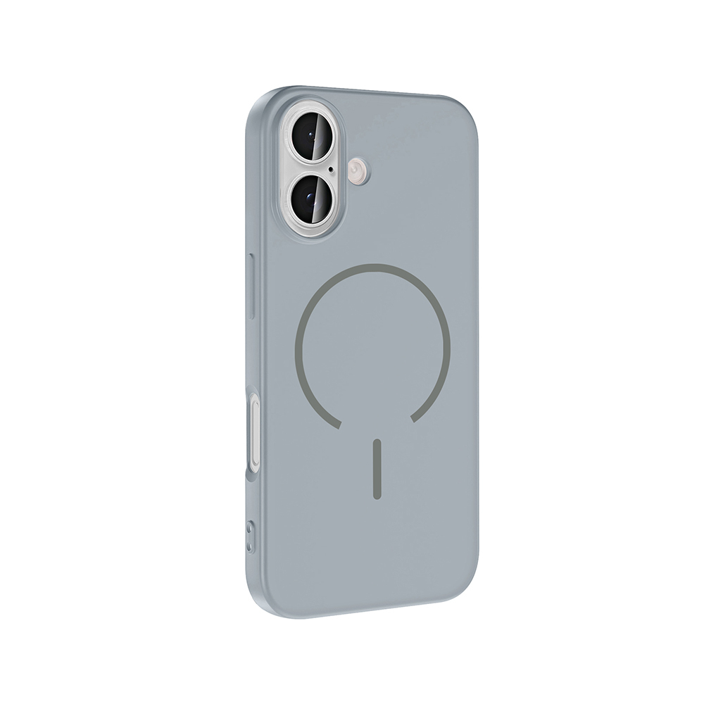 Arkada kamera açıklıkları ve manyetik halkası olan gri telefon kılıfı.