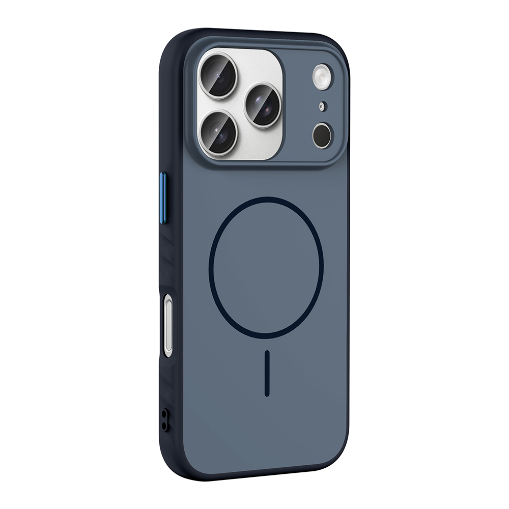 Üç kamera lensli ve manyetik halkalı lacivert telefon kılıfı.