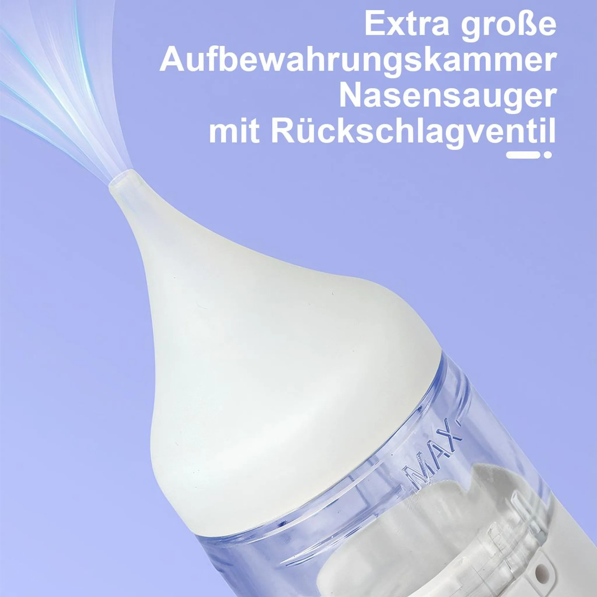 Weiße Nasensaugspitze mit blauem Rückschlagventil und großer Aufbewahrungskammer.